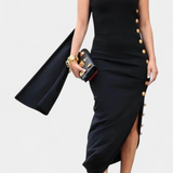 Aphrodite Vestido Asimétrico con Botones Dorados Decorativos