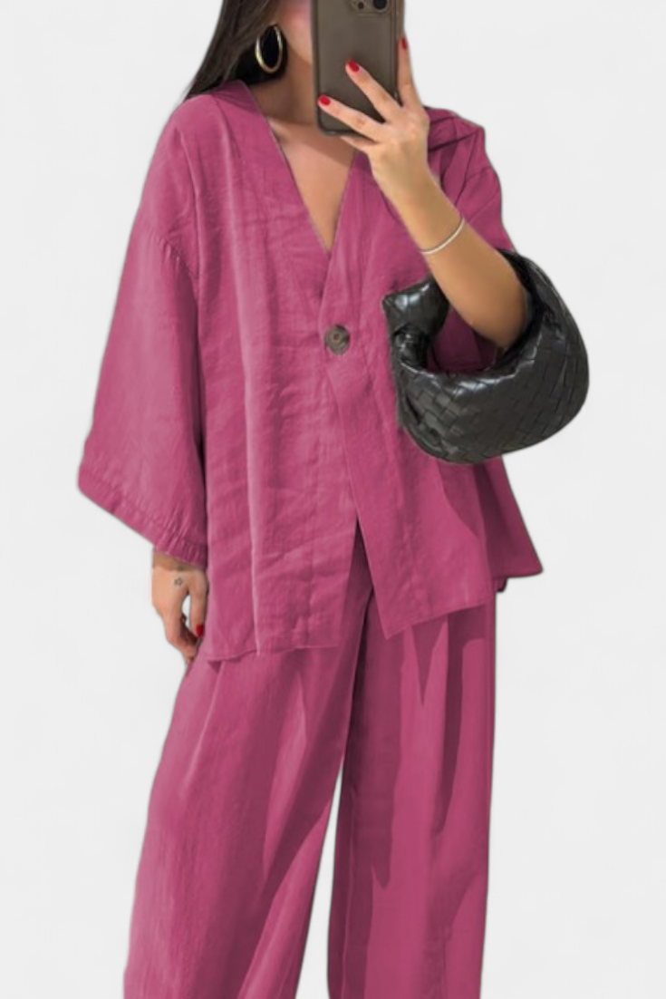 Eli Conjunto Oversize de Top con Cuello en V y Pantalón Recto