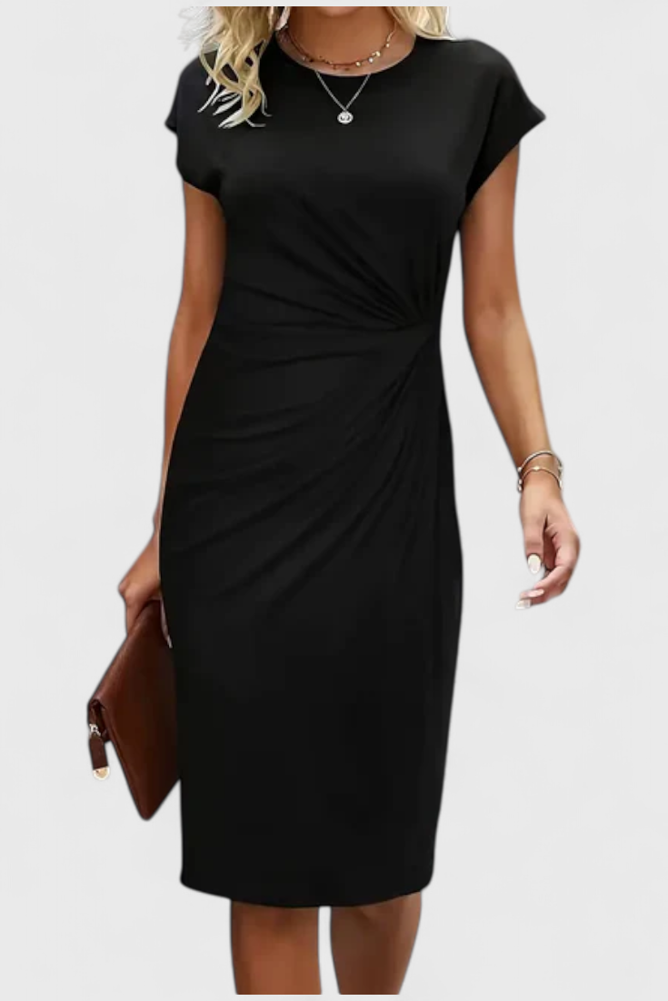 Katrina Vestido Midi Atemporal con Cuello Redondo y Detalle Drapeado