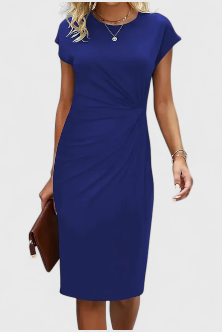 Katrina Vestido Midi Atemporal con Cuello Redondo y Detalle Drapeado