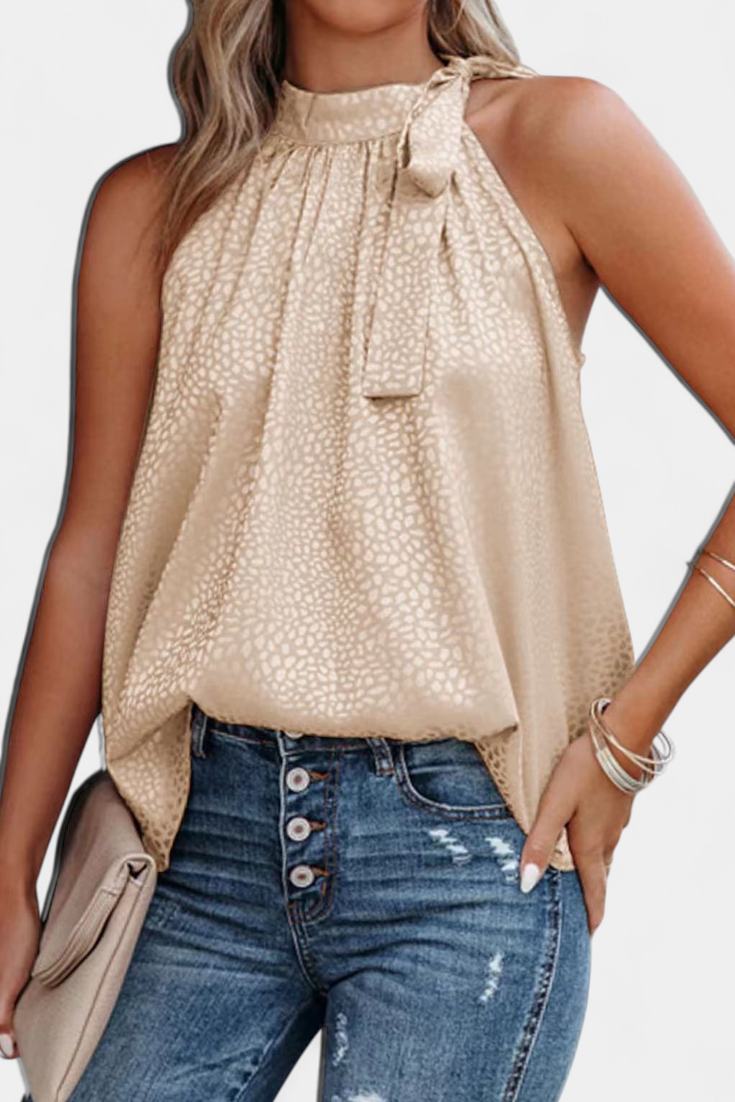 Adela Top sin Mangas de Leopardo con Cuello Alto y Lazo
