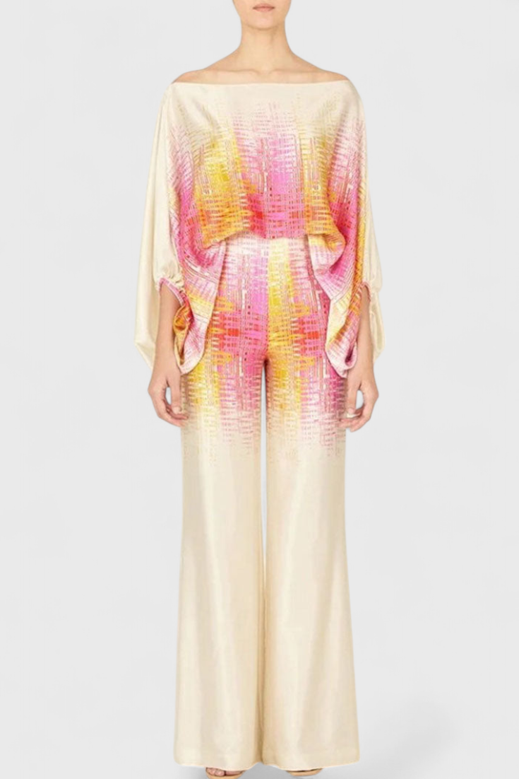 Sybella Conjunto Estampado de Dos Piezas con Pantalones de Pierna Ancha