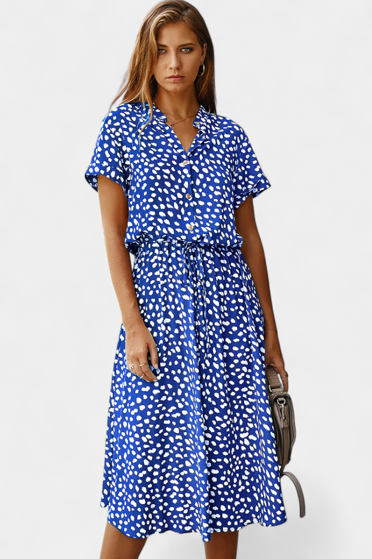 Rovena Vestido Midi de Lunares con Cuello Camisero y Cintura Ajustable