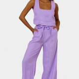 Pascuala Conjunto de Lino de Dos Piezas con Blusa sin Mangas y Pantalón Fluido