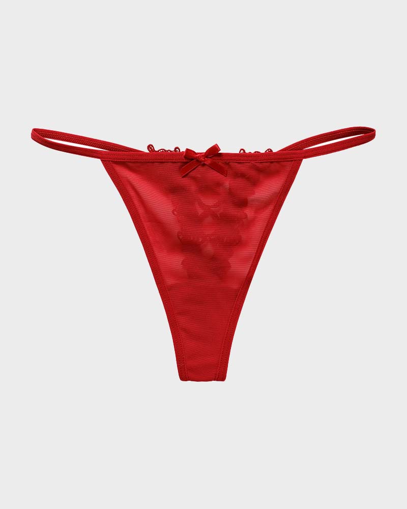 Tanga en V de malla con acabado de encaje