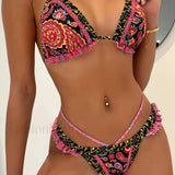 Conjunto de bikini halter estampado con volantes