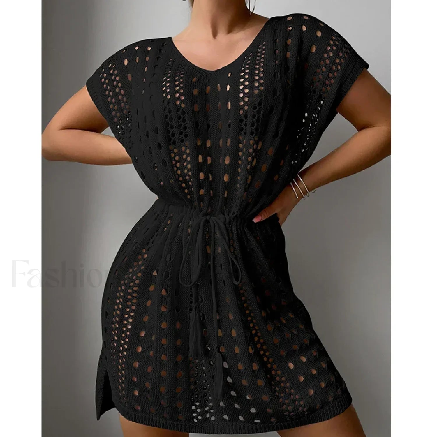 Salida de playa vestido con escote en V, cordón ajustable y abertura