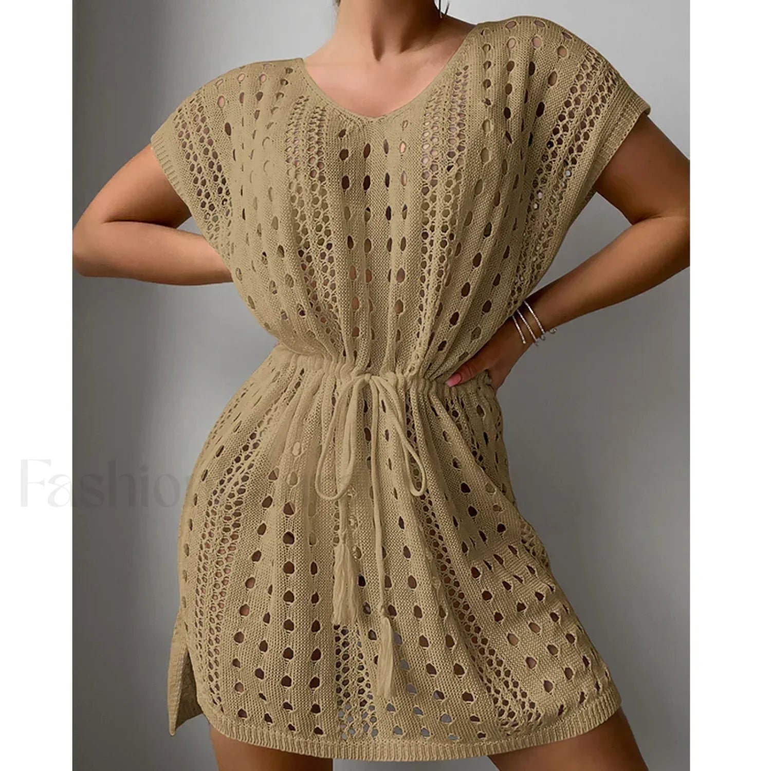 Salida de playa vestido con escote en V, cordón ajustable y abertura